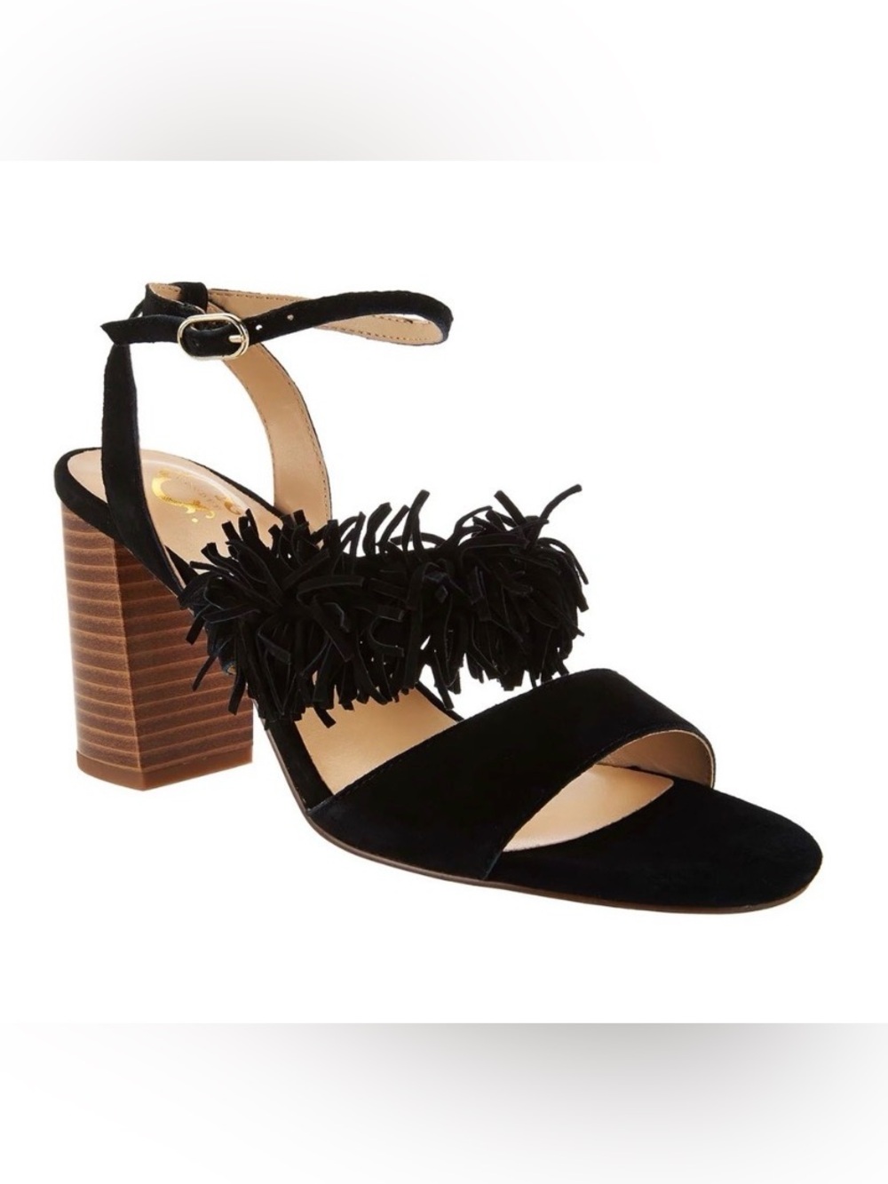 NWB C Wonder Gabrielle Black Slingback Heels Sandals Leather Suede Fringe Sz 8